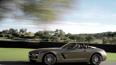Mercedes SLS AMG roadster - marron - profil gauche capote ouverte dynamique