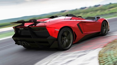 Lamborghini Aventador J rouge 3/4 arrière droit travelling penché