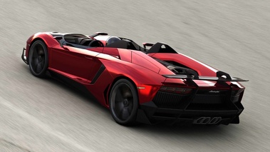 Lamborghini Aventador J rouge 3/4 arrière gauche travelling vue de haut penché