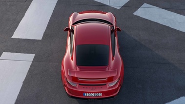 Porsche 991 GT3 rouge face arrière vue de haut