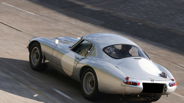 Jaguar Type E Low Drag gris Montlhéry 3/4 arrière gauche travelling