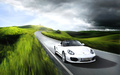 Porsche Boxster Spyder blanc 3/4 avant droit travelling 2