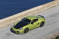 Porsche Cayman R vert 3/4 avant gauche filé vue de haut 2