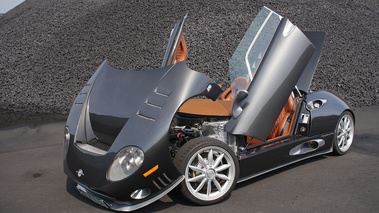 Spyker C8 Spyder anthracite Anvers charbon 3/4 avant gauche tout ouvert