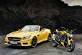 Mercedes SLK 55 AMG jaune 3/4 avant gauche