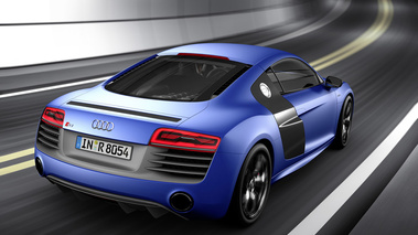 Audi R8 V10 Plus bleu mate 3/4 arrière droit travelling vue de haut