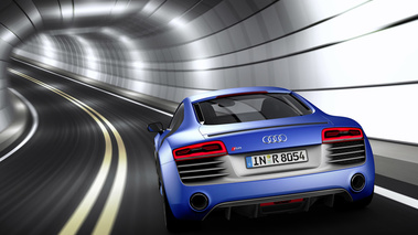 Audi R8 V10 Plus bleu mate face arrière travelling penché