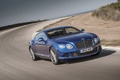 Bentley Continental GT Speed bleu 3/4 avant droit travelling penché
