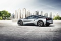 BMW i8 gris 3/4 arrière gauche