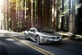 BMW i8 gris 3/4 avant droit travelling