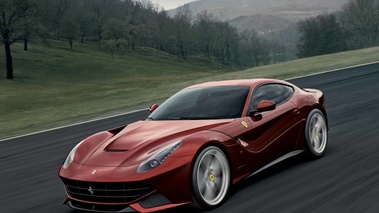 Ferrari F12 Berlinetta rouge 3/4 avant gauche travelling penché