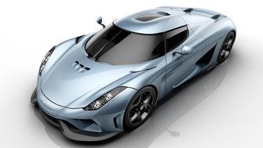 Koenigsegg Regera bleu 3/4 avant gauche vue de haut