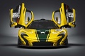 McLaren P1 GTR jaune/vert face avant portes ouvertes