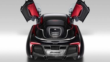 McLaren X-1 noir face arrière portes ouvertes vue de haut