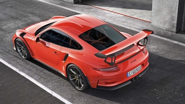 Porsche 991 GT3 RS rouge 3/4 arrière gauche vue de haut