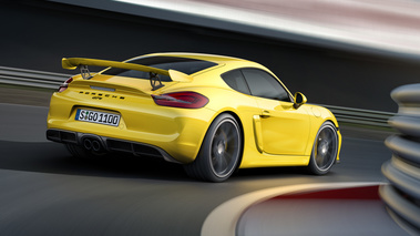 Porsche Cayman GT4 jaune 3/4 arrière droit travelling penché