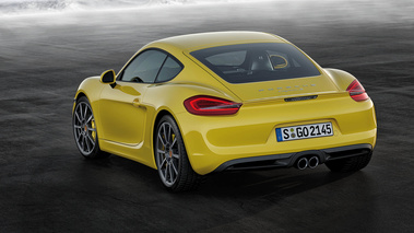 Porsche Cayman S 981 jaune 3/4 arrière gauche penché