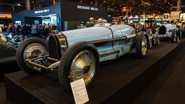 Rétromobile 2017 - Bugatti Type 59 Grand Prix bleu 3/4 avant gauche